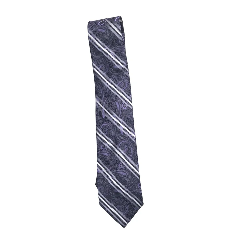 Pronto Uomo Couture Mens Purple Silver Paisley Striped 100% Silk Necktie Tie